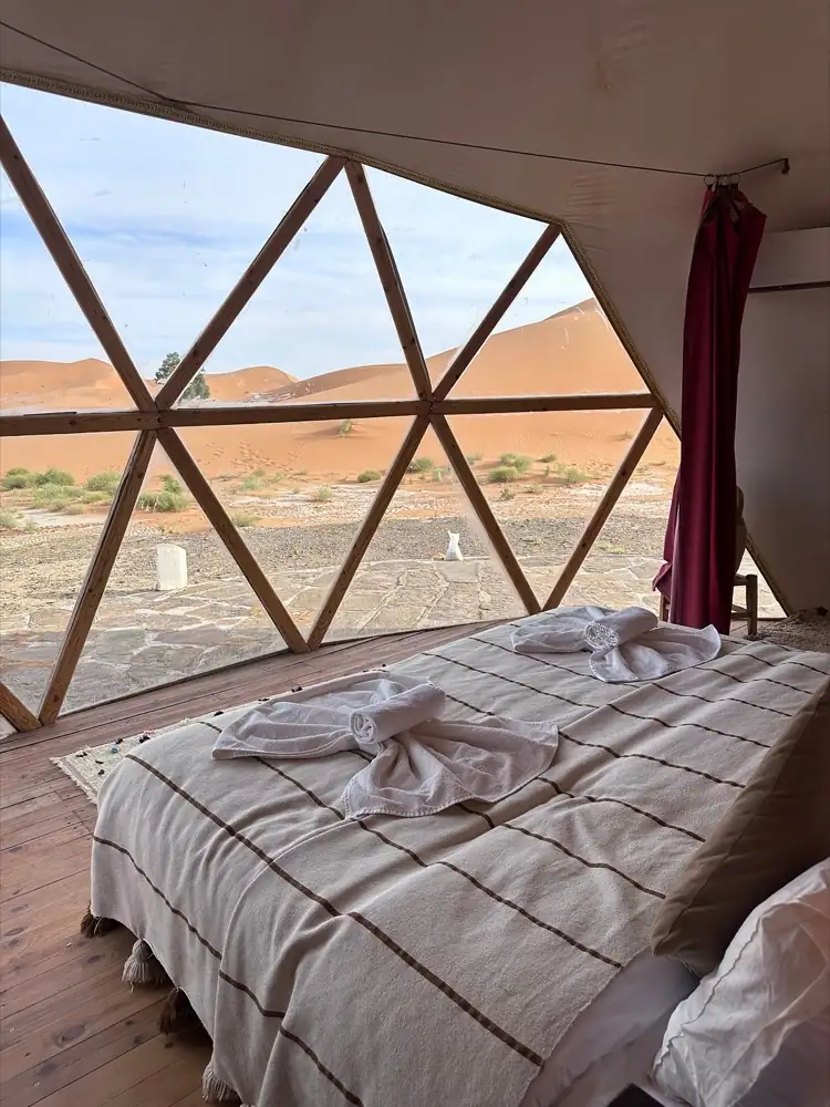 Inside an air-conditioned luxury tent at Milagro Luxury Camp, Merzouga